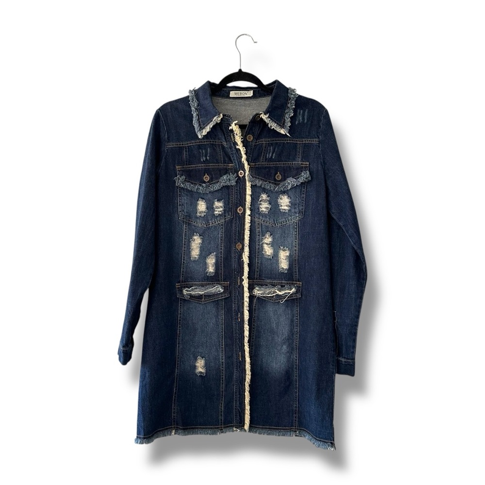Mebon Blue Denim Distressed Jean Long Line Jacket Moto Boho Biker Size Large